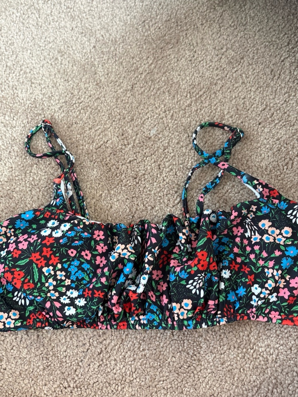 Floral Print Bikini Top - Black Base with Multicolor Flowers